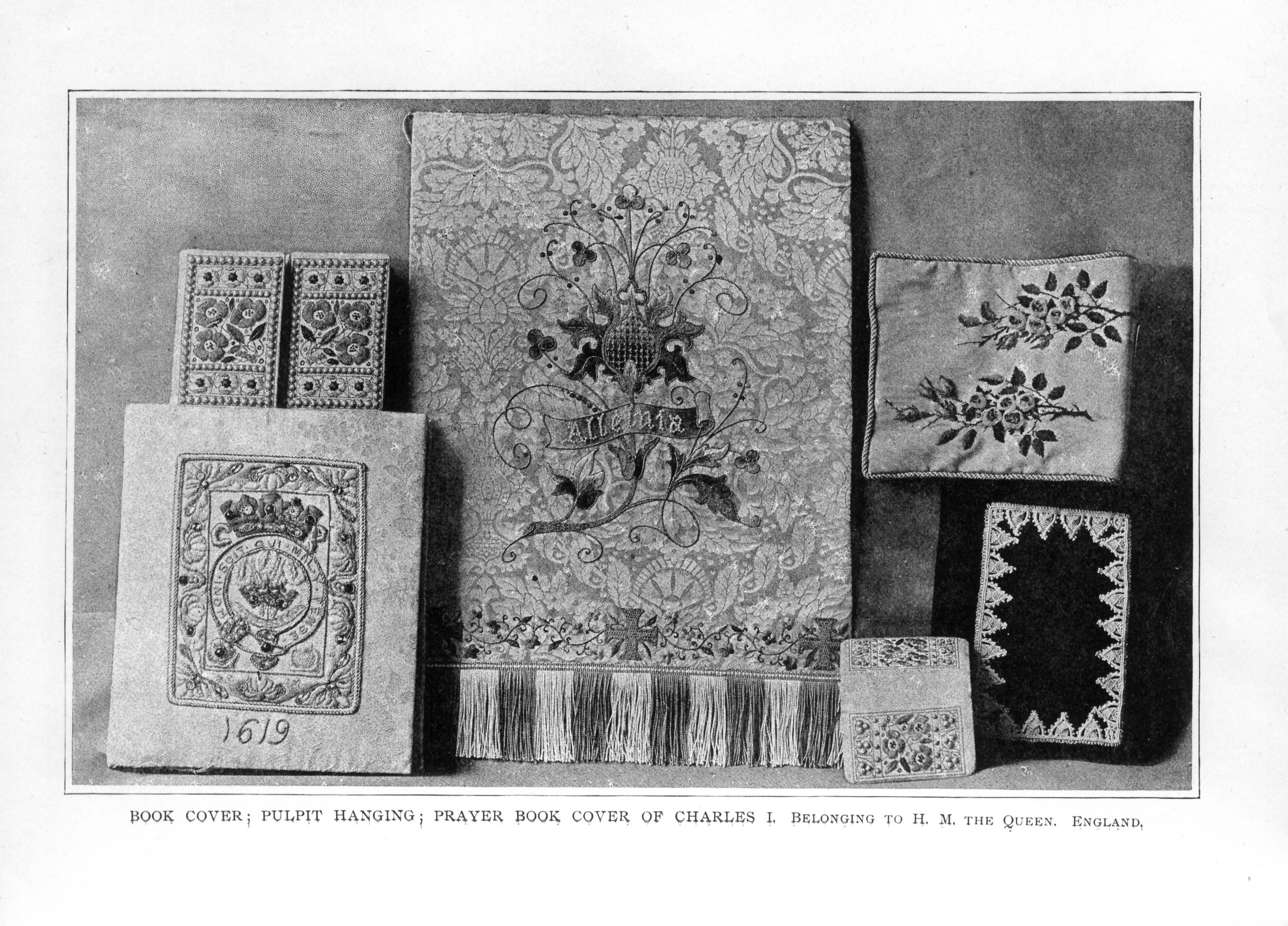 ornate brocade and embroidered book covers with floral decoration, Alleluia stiched on front of center book and 1619 on another