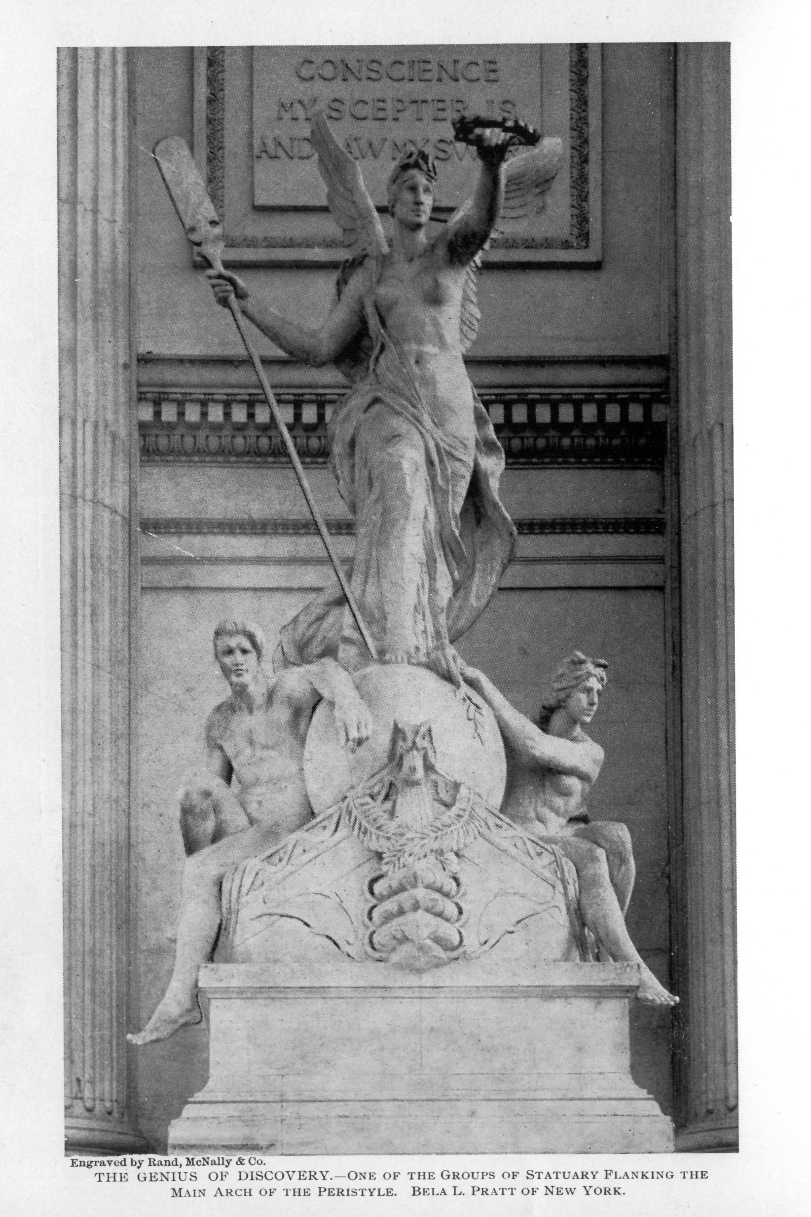statue of female angel striding forward on a prow with hands outstretched holding laurel wreath and oar, two men sit at her feet