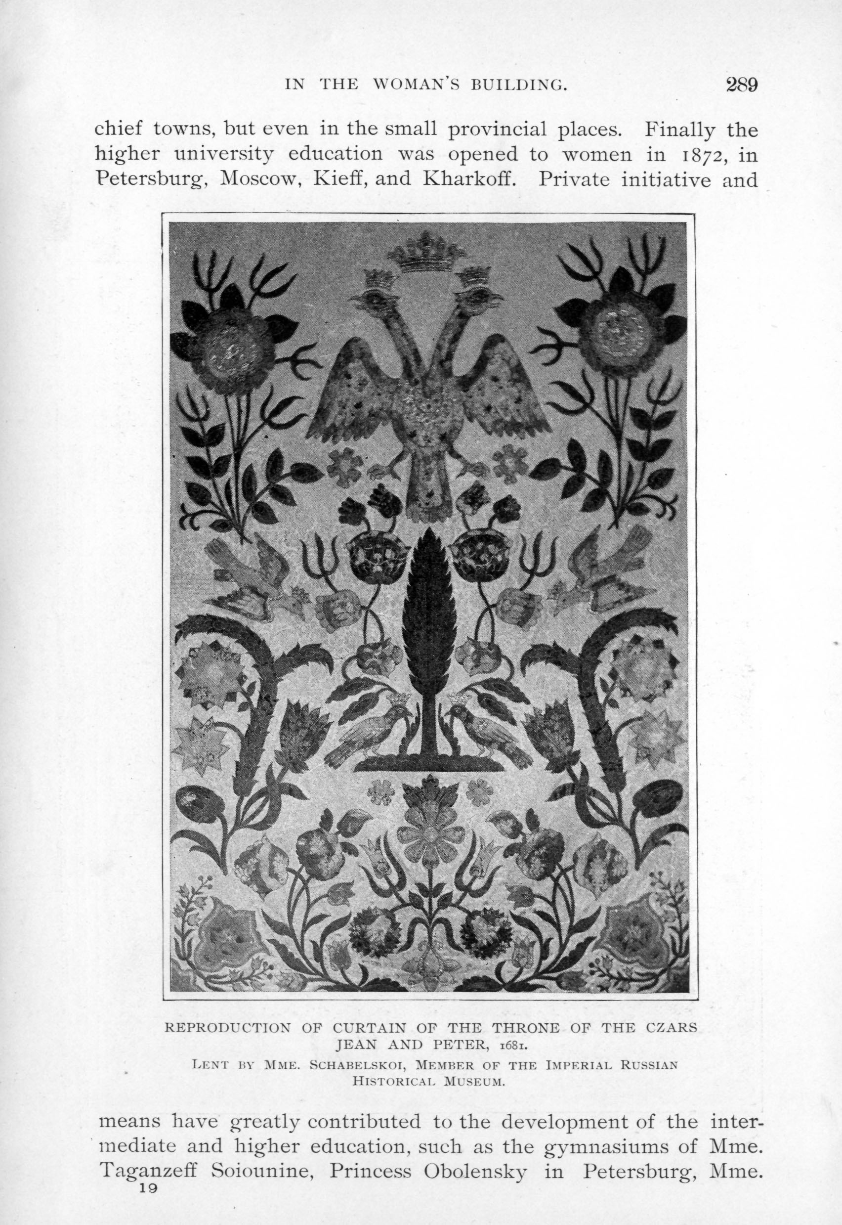 curtain embroidered with iconography from  coat of arms of Russia - a two-headed eagle - also flowers and other birds