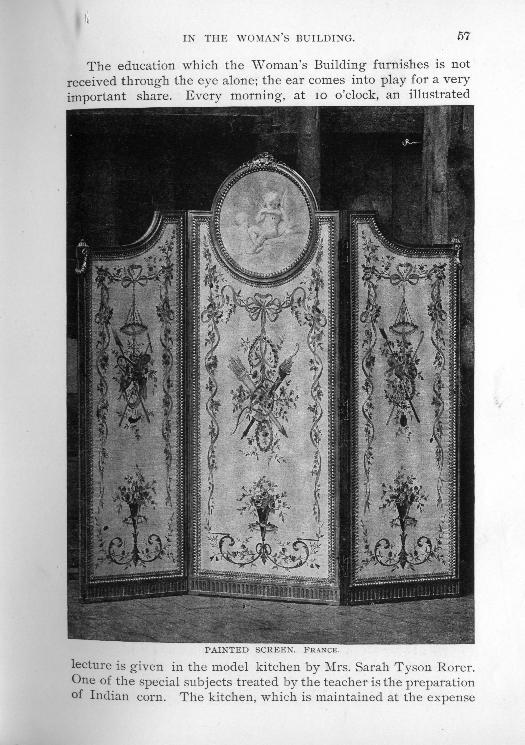 three-paneled screen ornately painted with putti, flower bouquets, and garland, quiver and arrows in middle section