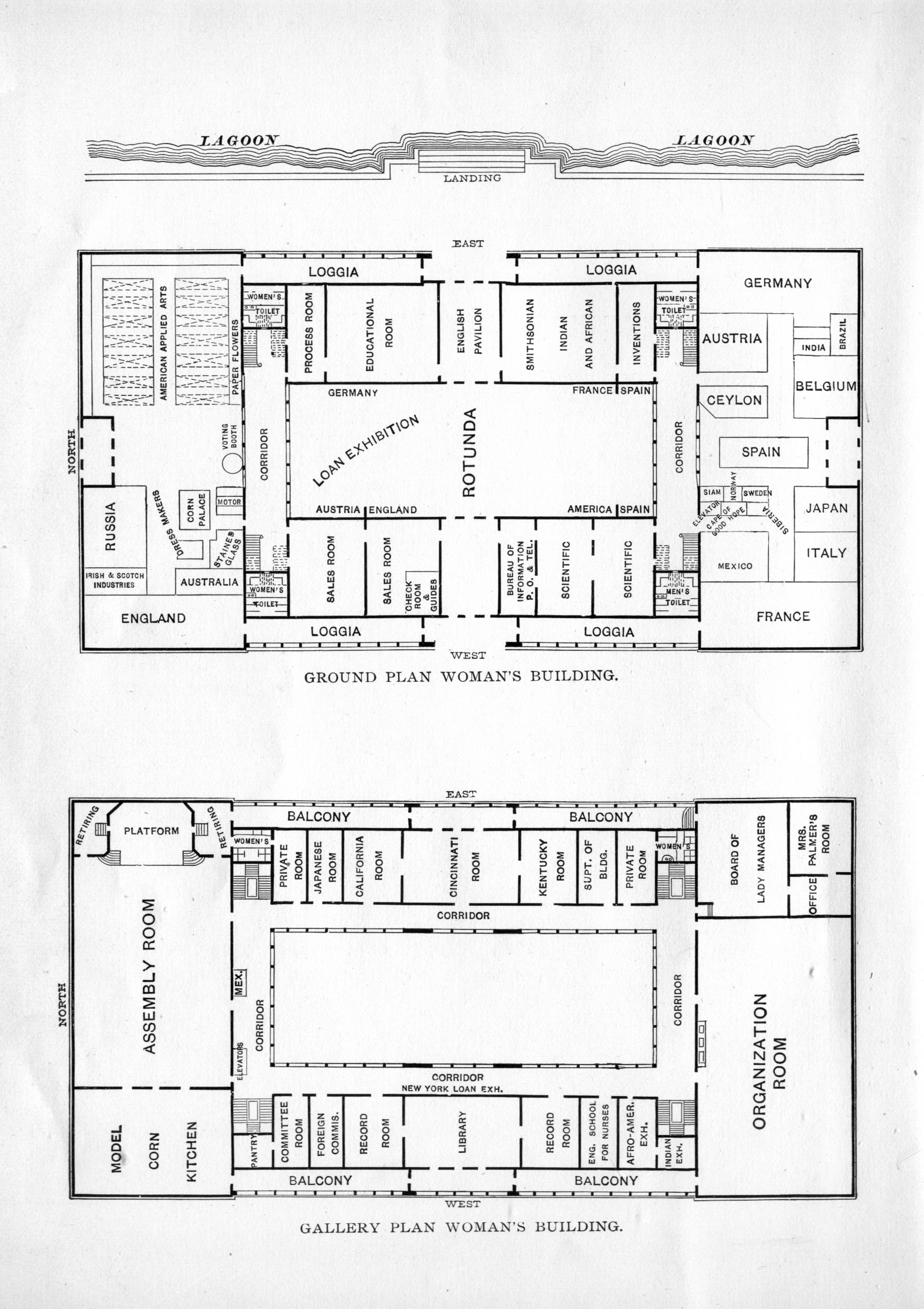 floor plans of the ground and gallery floors of the woman's building