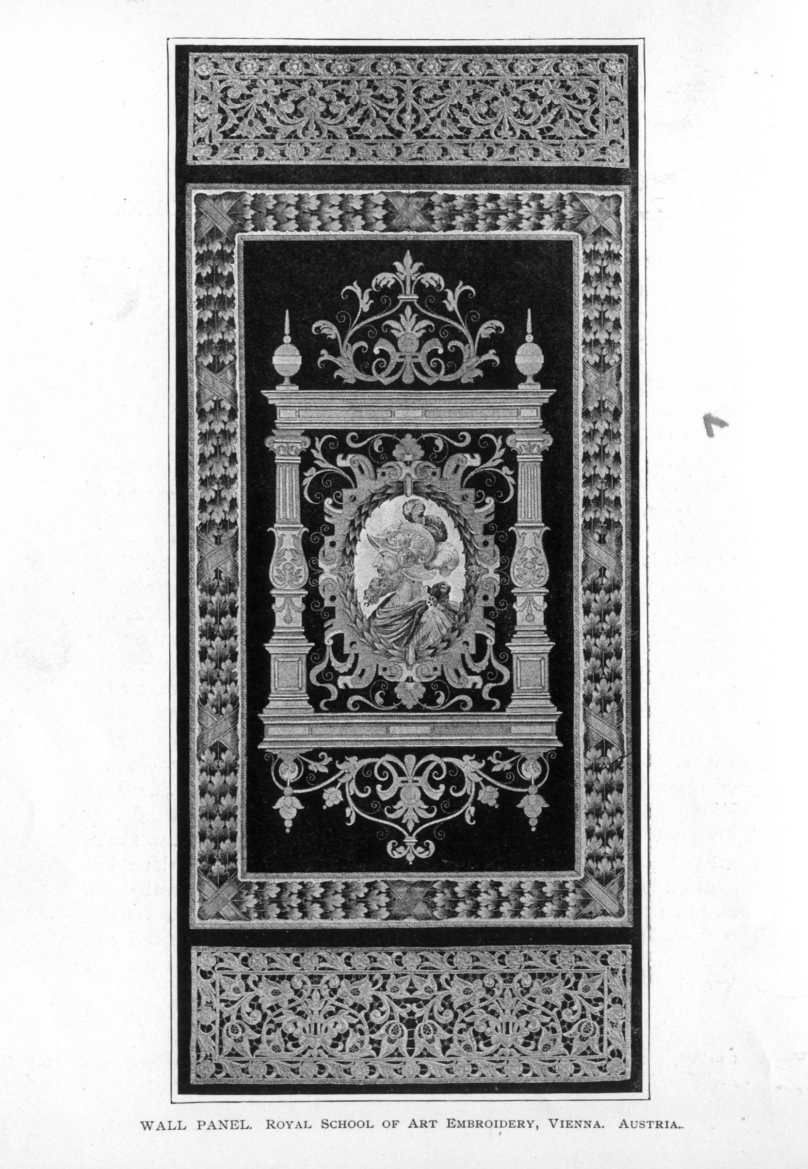 ornate embroidery with portrait of helmeted man in frame with scrollwork and columns, woven border