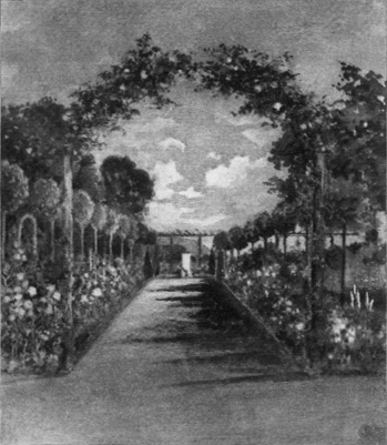 view looking out onto a manicured path with flowers and topiary on either side.