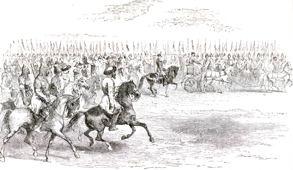 large group of men on horseback with flags