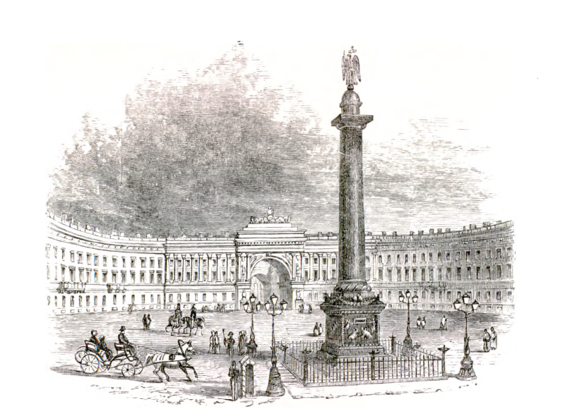 column with angel statue atop it in the middle of a large plaza with neoclassical building in background