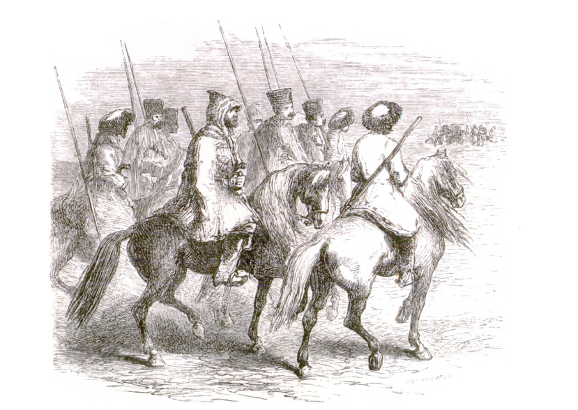 men in coats and hats on horseback with spears