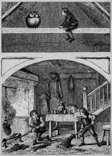 three boys in a kitchen, one makes a fire and another sweeps, the third is in the rafters with an owl