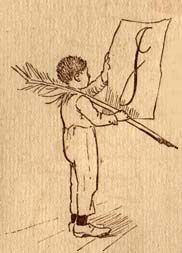 Boy standing with large sheet of paper and quill pen as tall as himself. J (illuminated capital for Jack)