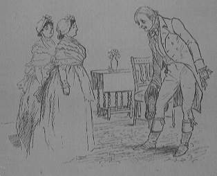 man bowing to two ladies