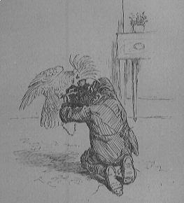 bird attacking kneeling boy on head