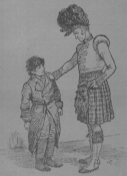 Scotchman in uniform with hand on boys shoulder.