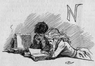 Two children reading together, leaned over a table. N (illuminated letter for Nothing).