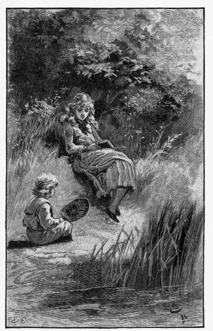 Girl sitting on a grassy slope with a book. Little boy with a fan nearby.