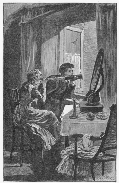 Boy holding telescope for girl as she looks through it out the window.