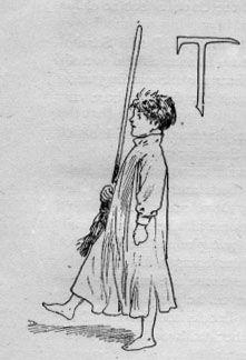 Child in nightgown holding a broom at attention. T (illuminated letter for The).