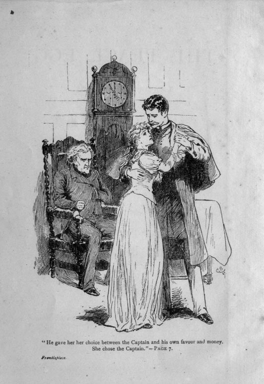 Frontispiece, young woman dancing with young man, older man seated in the background next to a grandfather clock.