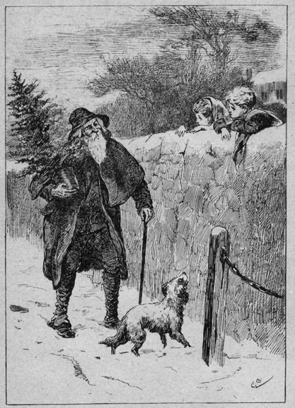 Old bearded man walking with a dog and holding a small potted evergreen tree. Two children peer over a stone wall at him and he smiles back.