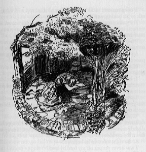 Woman crying at the side of a well surrounded by a gazebo.