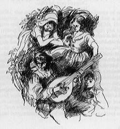 Lute player surrounded by girls.