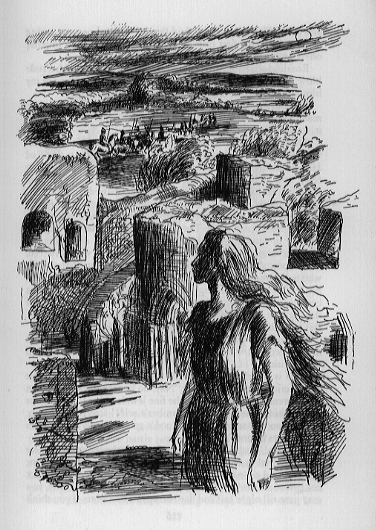 Woman looking out over castle, soldiers in the background.