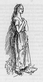 Woman standing, hands clasped.