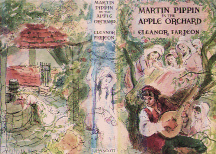 Full back and front covers and spine, images of girls in a tree listening to a man playing a lute and an woman draped at the edge of a well in a gazebo. 