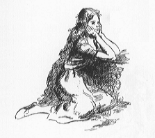 Long-haired girl with a flower crown, kneeling with her head in her hands.