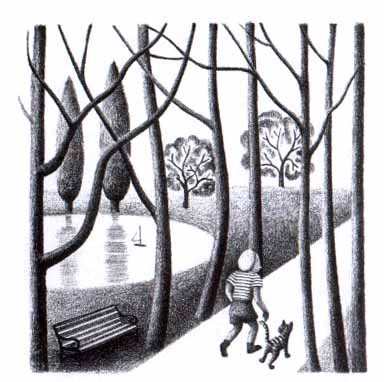 the boy and the cat walk down a path in a park, past a pond and trees and a bench