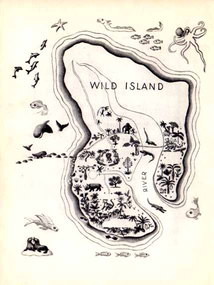 map of Wild Island showing a river leading to the south, various trees and animals in the southern half, and sea creatures surrounding it