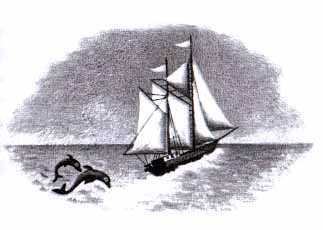 a two-masted ship sailing away followed by two dolphins