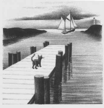a cat stands on a dock watching a ship sail away past a lighthouse