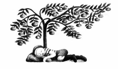 A boy sleeping under a fruit tree.