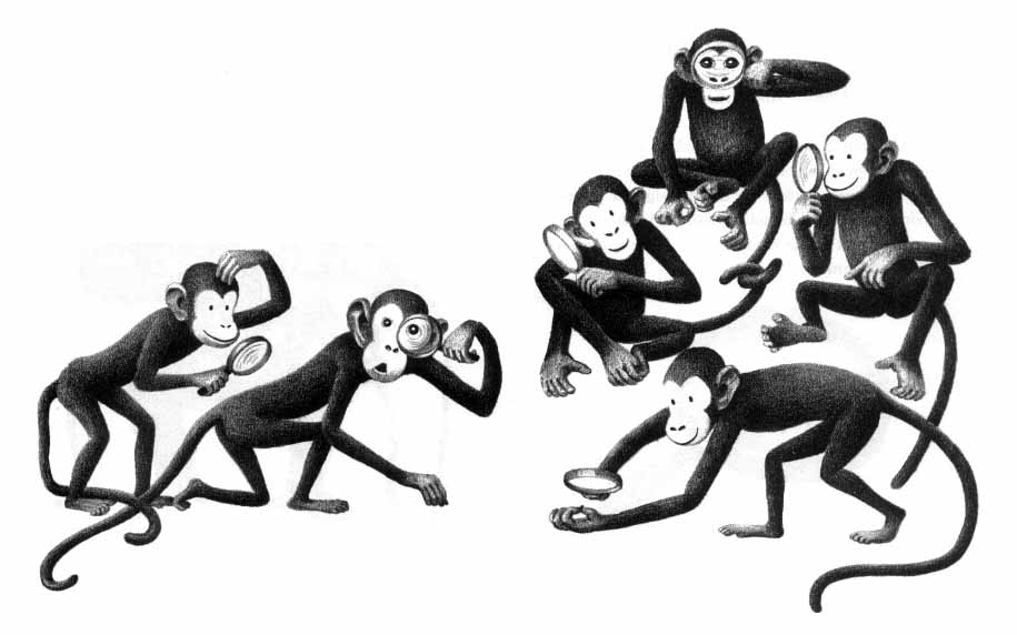 six monkeys, each holding a magnifying glass