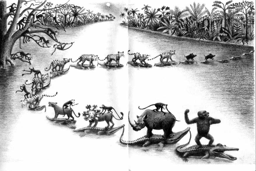 jungle animals crossing the river on the backs of crocodiles