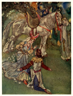 Man kneeling at the feet of the Queen of the Fairies, a fairy squire holds her snow-white horse.