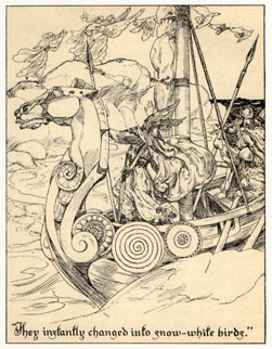 Siegmund on his viking ship watches a line of women changing into birds and flying into the sky. Caption says: They instantly changed into snow-white birds.