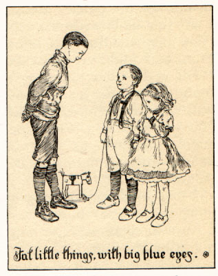 Christopher looking at two little girls, Caption: 'fat little things with big blue eyes'.