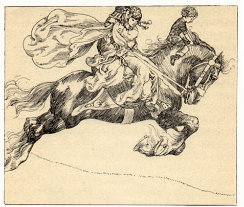 Man on a war-horse, holding a young woman before him, dwarf seated on horse's mane.'