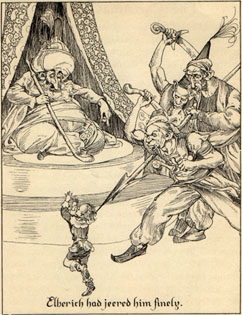 Sultan seated, three soldiers chasing Dwarf Elberich. Caption:'Elberich had jeered him finely.'