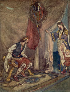 Seated man looks up in surprise at woman being led into his tent by a dwarf.
