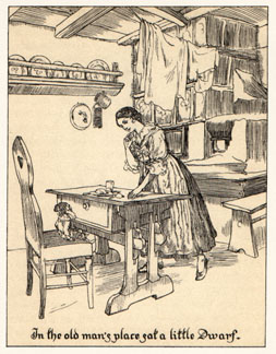 Inside Gretchen's house, she leans toward a dwarf seated across from her at a table. Caption: 'In the old man's place sat a little Dwarf.'