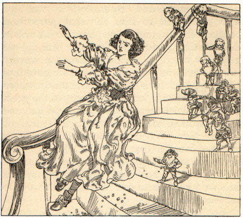 Rosetta falling down that stairs, watched by fairies.