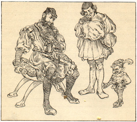 Man seated on a stool, man standing, dwarf.