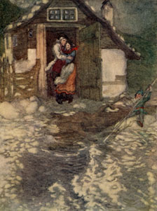 Shepherd and his wife stand in the door of their cottage, surrounded by water.