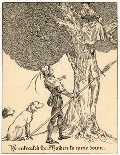 Man with hound and spear entreats woman to climb down out of a tree.