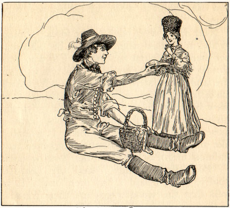 Seated man gives his dinner to a Moss Woman.