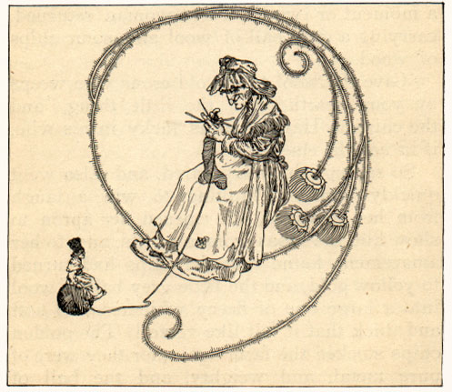 Woman knitting; tiny Moss Woman sits on the ball of wool.
