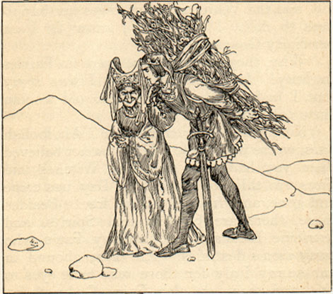 Prince carrying a large bundle of sticks for an old woman.