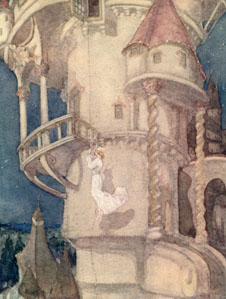 Woman lowering herself from a castle balcony.
