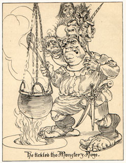 Monster with seven heads trying to concoct a potion in a cauldron.